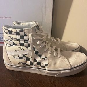 Vans High Tops White & Black Checkered Flames Size 11